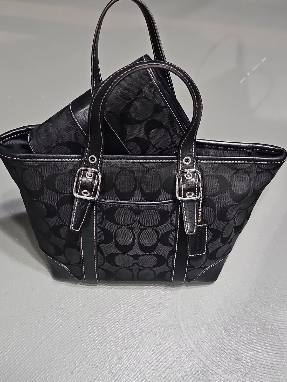 Coach C6043 VTG Signature Jacquard Canvas & Leather Hand Bag & Wallet Set EUC
